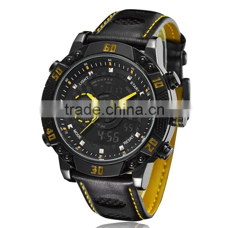 WJ-5446 genuine leather strap IP plating high quality double show Ohsen waterproof men sport watch
