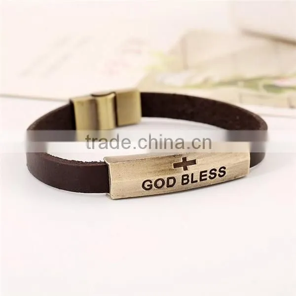 Vintage punk style god bless magnetic leather bracelet with metal plate