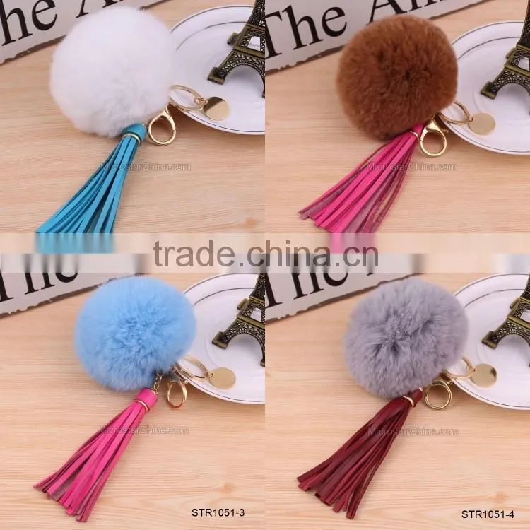 Custom Logo Genuine Leather Tassel Rabbit Fur Key Chain Pom Pom Fur Keychain