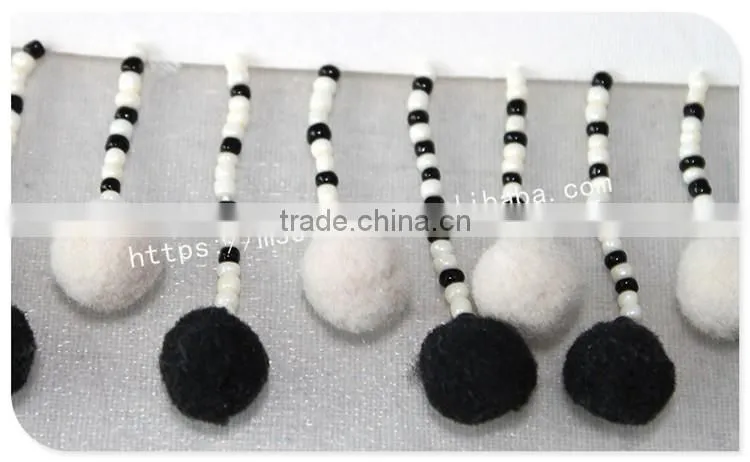 Newest 7cm width black/white handmade beaded pom pom fringe wholesales