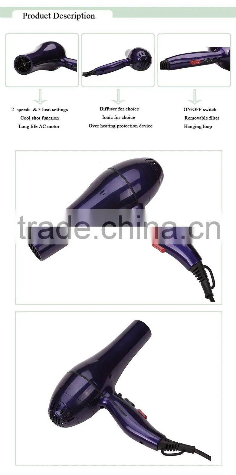 New pro AC motor Hair Dryer & accessories with cool shot button ionic function lady salon tools