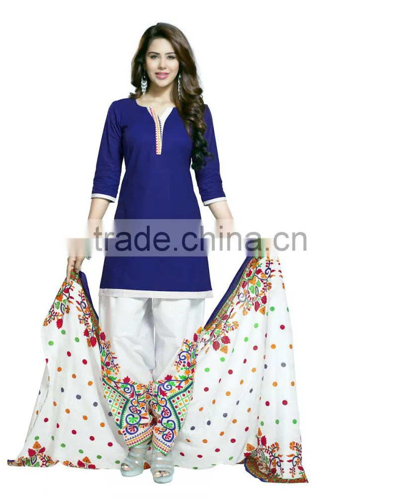 Patiyala Style Printed cotton dress material with blue and white