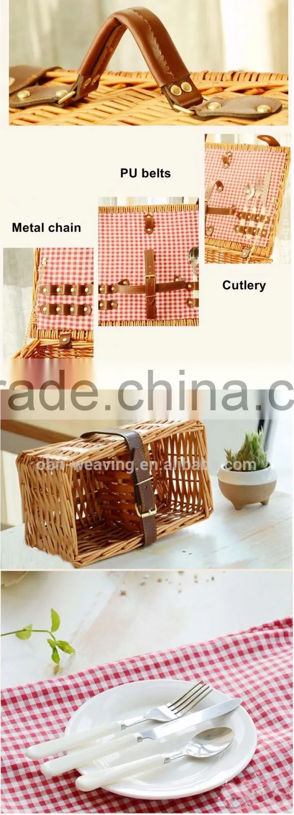 Woven wicker material picnic basket with ceramic set