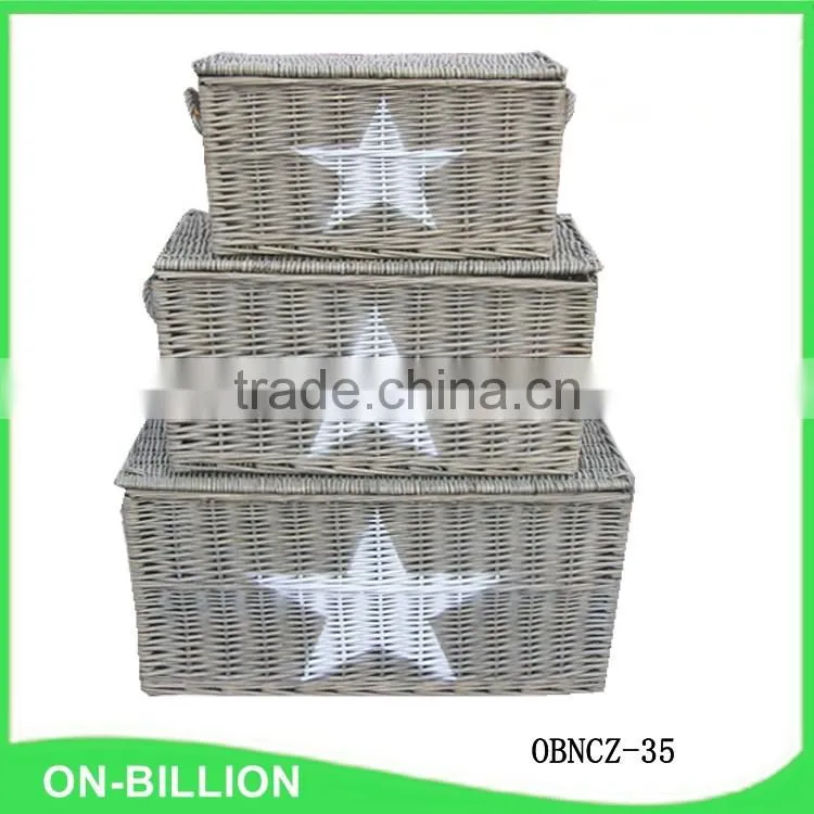 Wholesale rectangular grey large wicker storage basket with lid