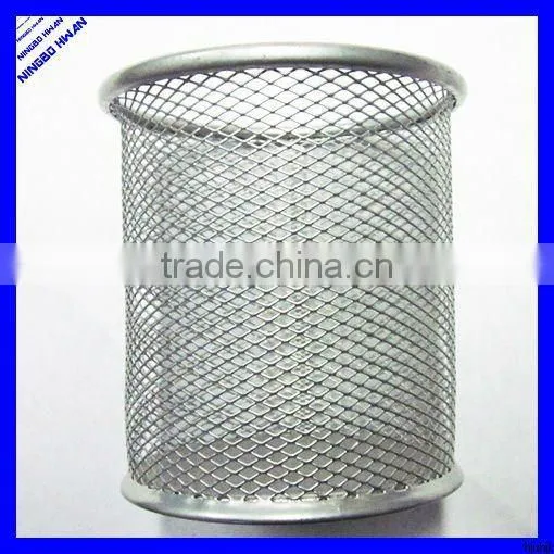 Round black metal mesh pen and paper clip holder