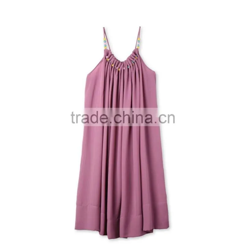 Latest Childern Lilac Gathered Neckline Colorful Beads Kids Beautiful Model Frock Neck Design Dresses HSd5107