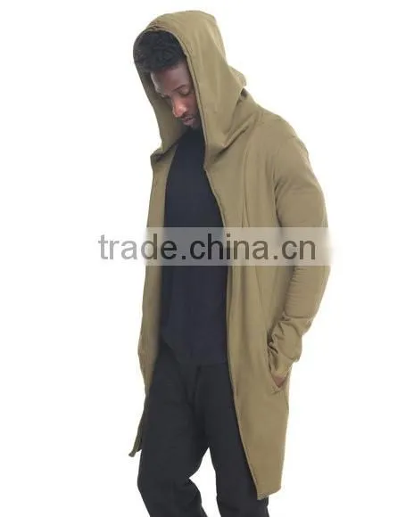 Open front Long sleeve men's elongated hoody coat attached hood made in China factory