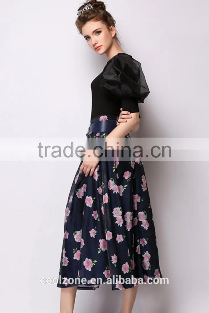100% Polyester Sweet Floral Midi A-Line Bubble Skirt
