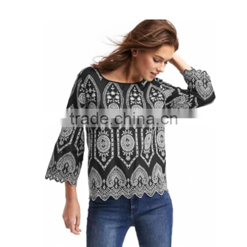 Latest style sexy hollow out lady chiffon blouse woman lace blouse wholesale tops