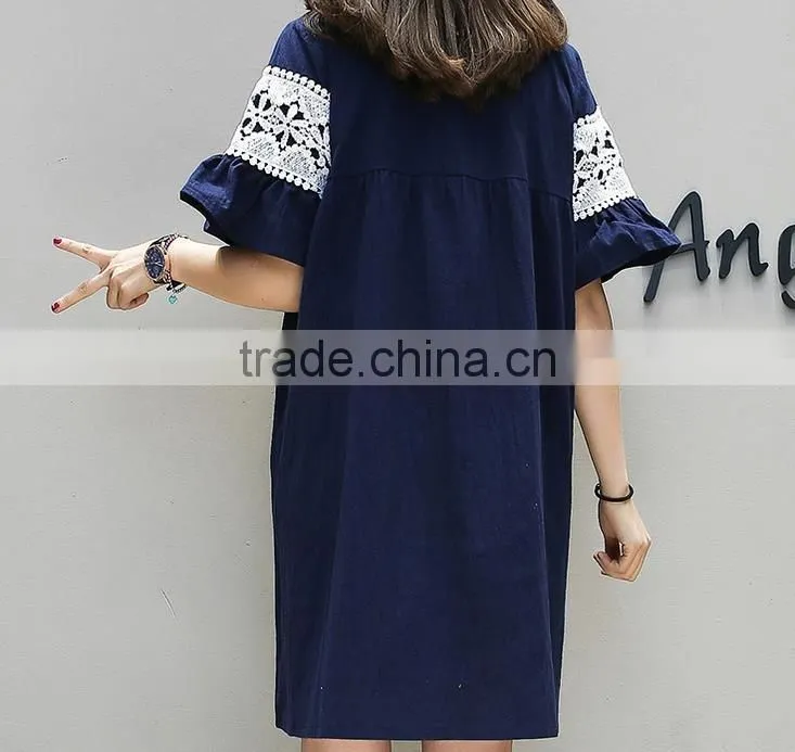 women linen dress lace short flare sleeve for women ladies apparel