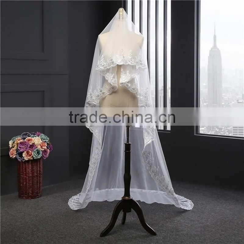 2017 wholesale new long Tulle Wedding Bridal Veils TwoTiers Tulle Cathedral Bridal Veils