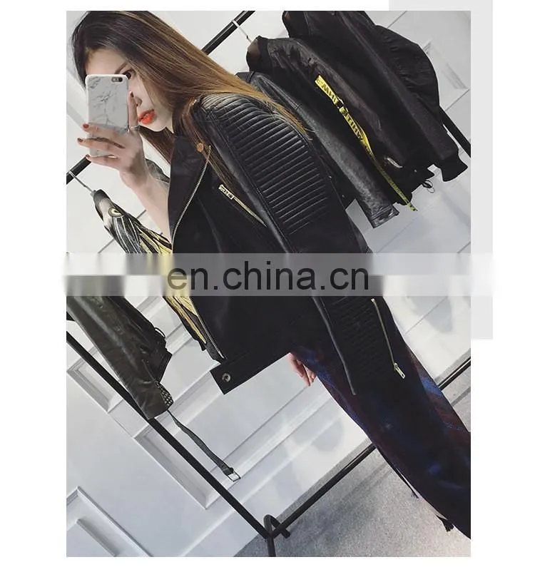 Wholesale Spring Female Long Sleeve Short Beaded Motorcycle Jacket Excelled Leather Jacket
