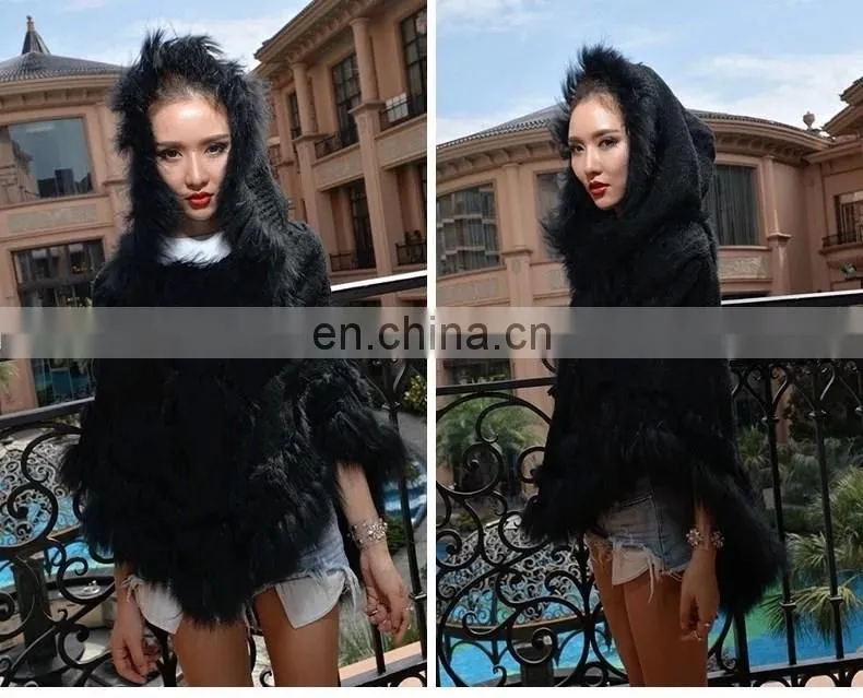 Latest fashion lady garments pullover raccoon fur rabbit fur knitted shawl cape