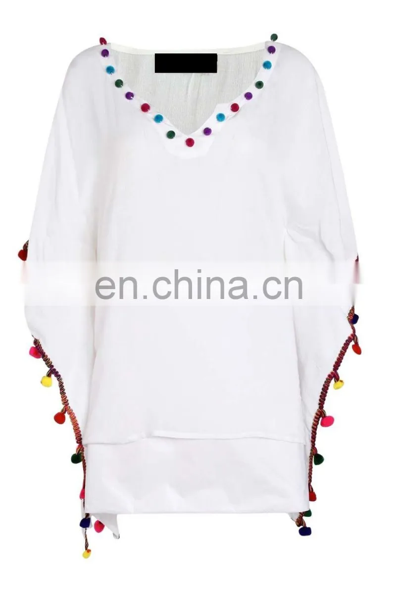 BRIGHT POM POM TRIM OVERSIZED TOP Slim Embroidered Poncho/ Short Kaftan For Women Summer Wear