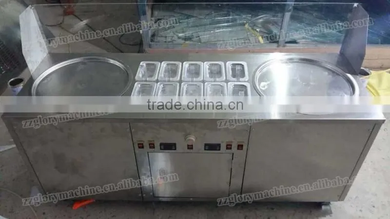 2016 hot sale thailand double flat round pan fried rolled ice cream machine for commercial