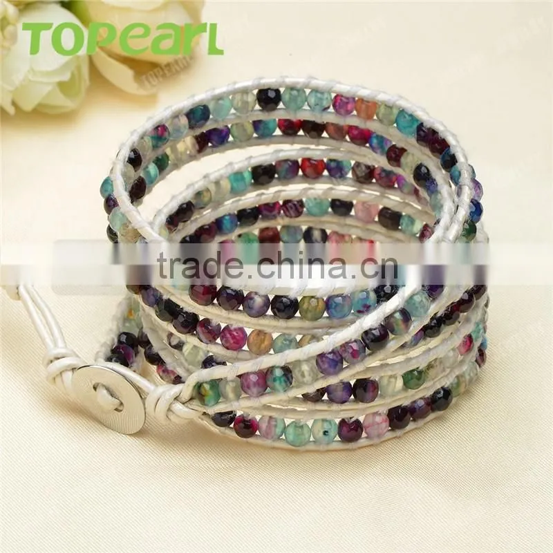 Topearl Jewelry Faceted Round Colorful Agate Fashion Bracelet Woven Leather Wrap Bangle 33.5 Inches CLL139