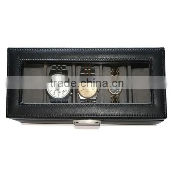 Black Genuine Leather 5-slot Watch Display Box Watch Organizer Case Travel Jewelry Case
