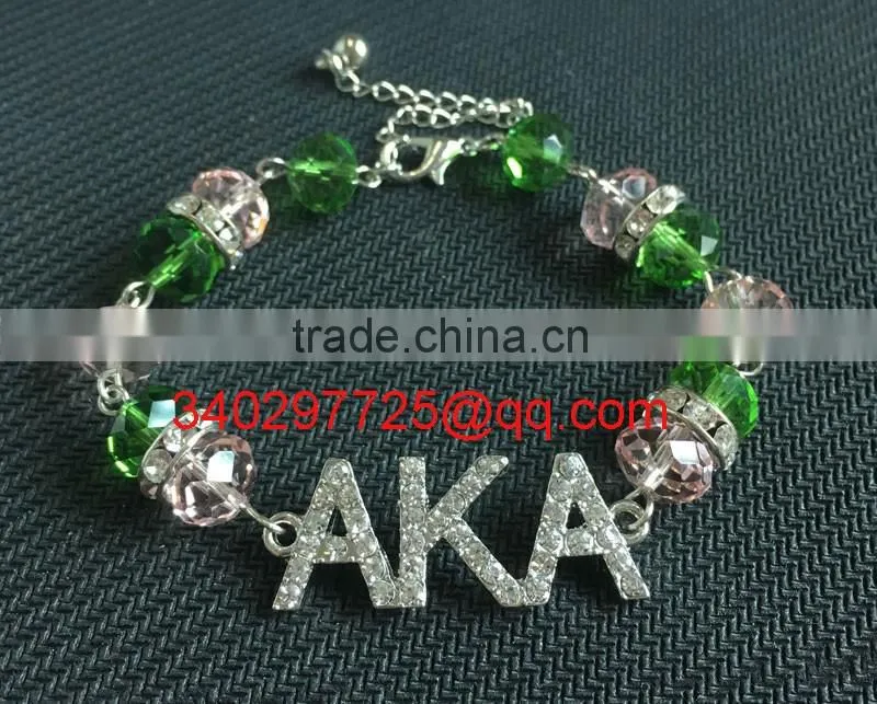 sorority AKA charm bracelet made of pink green glass bead and rhinestone AKA charm AKA-SL004