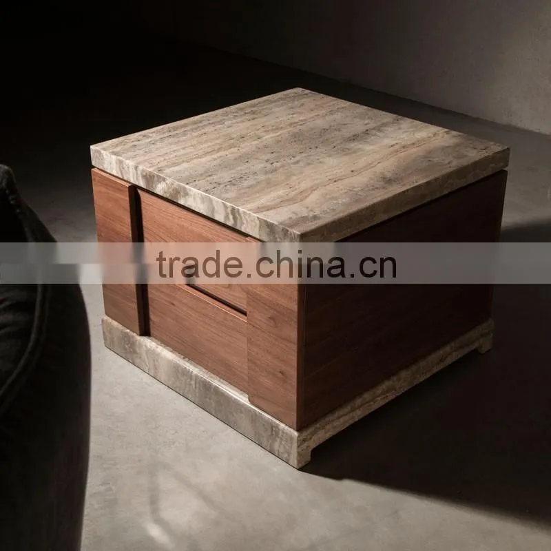 Hot Sale Latest Design Bed Side Table Made From Travertine Top And Wooden Drawers