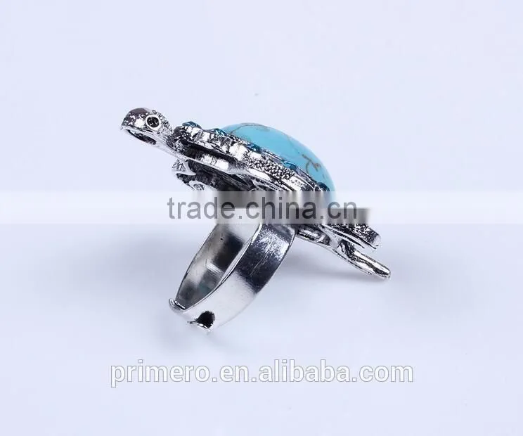 New hot Tibetan silver Blue turquoise gem rhinestone Crystal Tortoise finger Ring jewelry Wholesale