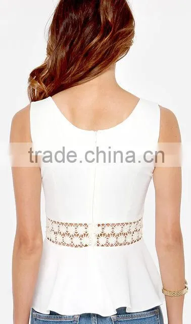 Lady top Round Neck Sleeveless Chiffon Top With Lace Waist