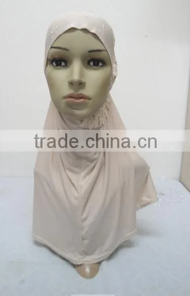 H274 latest one piece instant hijab with lace and rhinestones,muslim scarf