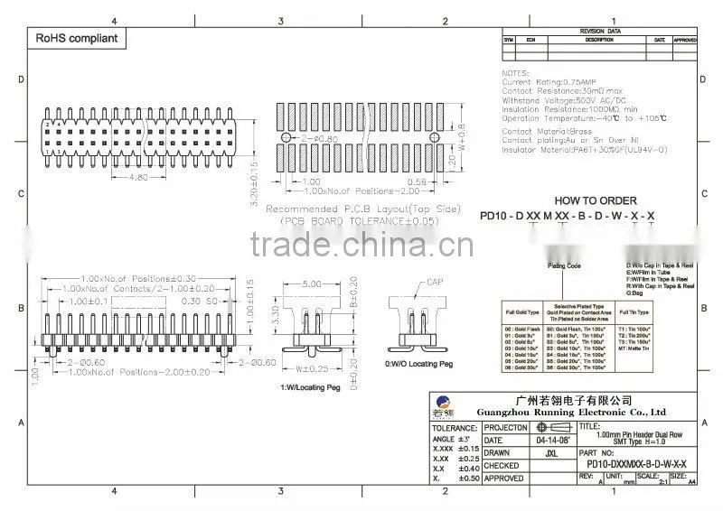 Double Row Pin Header SMT H=1.0 Pitch 1.0mm