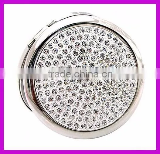 Lady portable style round rhinestone cosmetic mirror