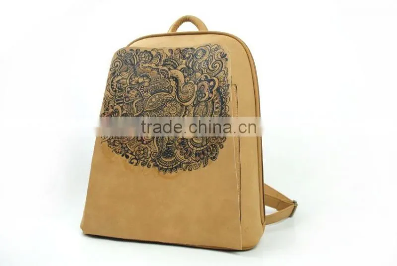 Uique design ladies durable khaki pu leather backpack with Chinese style pattern