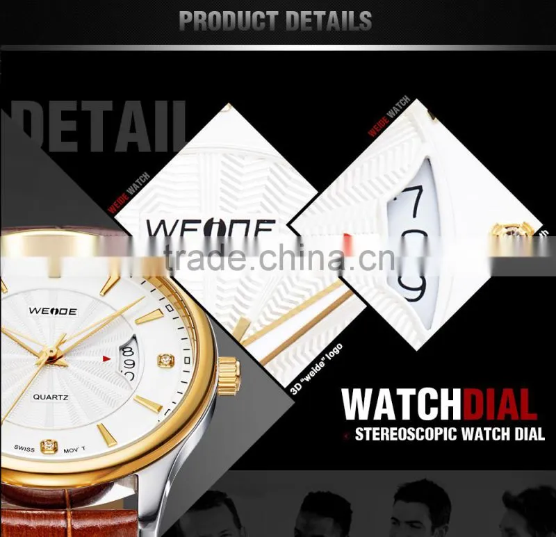 WEIDE 3 Atm Water Resistant Stainless Steel Watches Leather Wrist Straps Gold Men Watch