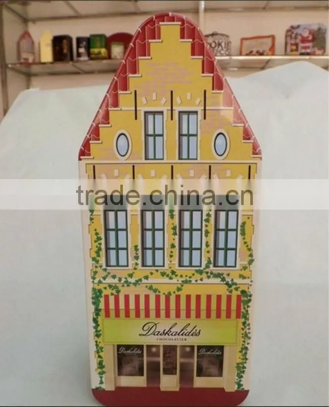 house shaped candy tin box