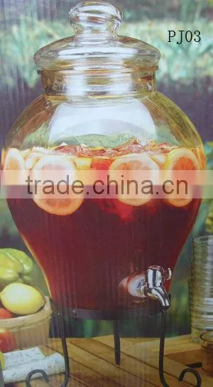 clear round glass drinking dispenser with tap /metal stand