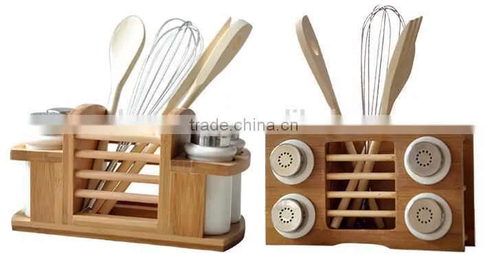 functional bamboo spice rack set with ceramic jar