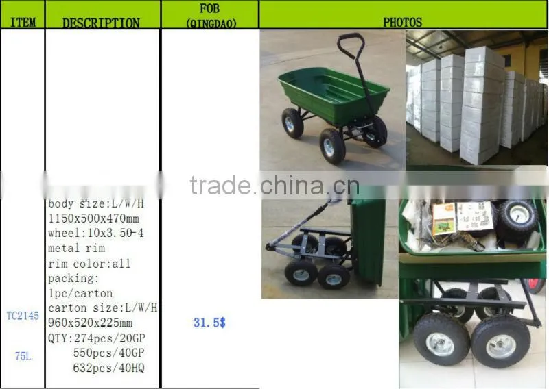 75L green plastic garden tool cart (TC2135) supplier