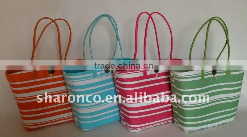 Candy strip paper straw fabric beach bag with handle