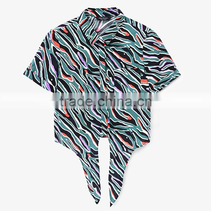 Custom OEM Service women all over printed swallow tail short sleeve lady blouse & top with stand collar