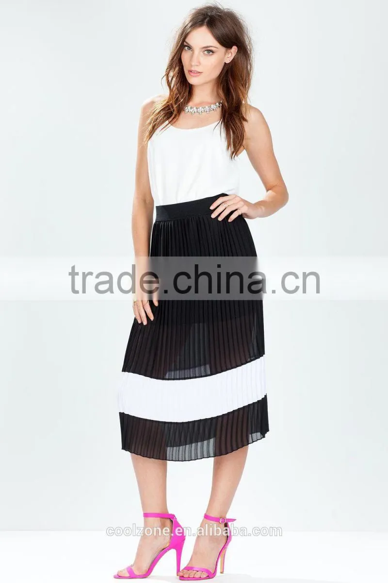 Fashion pleated colorblock midi skirt/wide simple design skirts 2015