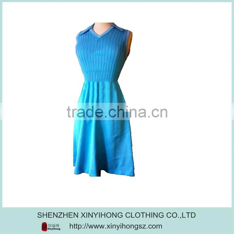 Sky-blue knit tennis stripes elastic waist golf dress for ladies