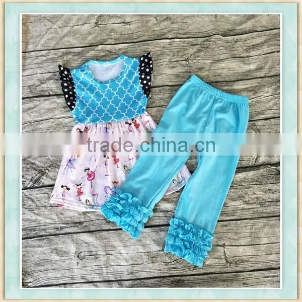 2017 stylish girl outfit clothing dancing girl pattern print top and bule ruffle pant baby wear clothes