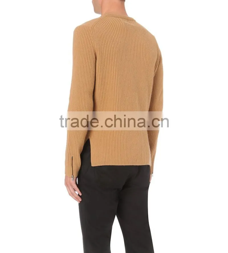 Crew Neck Yellow Color Knitted Jumper Korean Men Sweater with Biker-Inspired Zipper On Cuffs