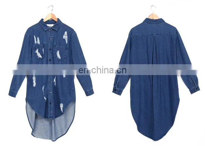 2015 NEW Women long loose shirt Denim shirt dress Denim shirt dress