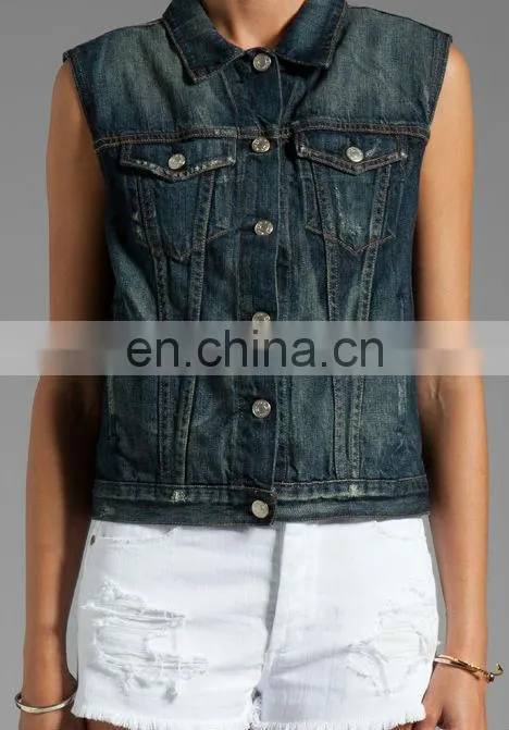 Ladies Sleeveless Snap denim waistcoat,ladies formal vests ( CV1003)