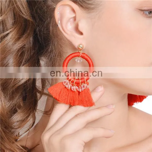 Fashion Women Vintage Geometric Fan - shaped Cotton Tassel Dangle Ear Stud Earrings