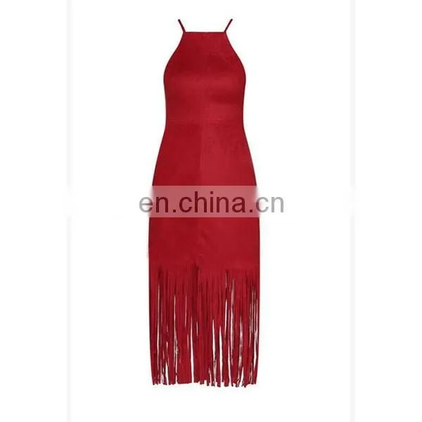 Love Suede Fringe Hem Dress Square neckline Sleeveless Fashion Apparel Women Dresses Sexy