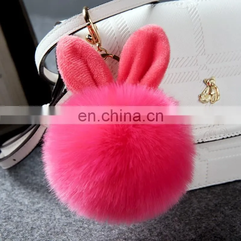 Fluffy pom pom keyring artificial fur rabbit ear fur ball keychain