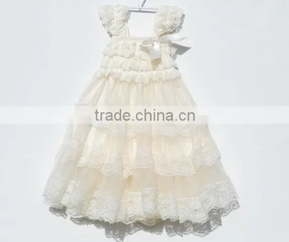 new design Ivory petti lace ruffle dress , baby dress pattern flower girl