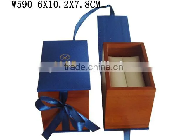 W585 Wooden Jewelry Earring Box with Ribbon Bow