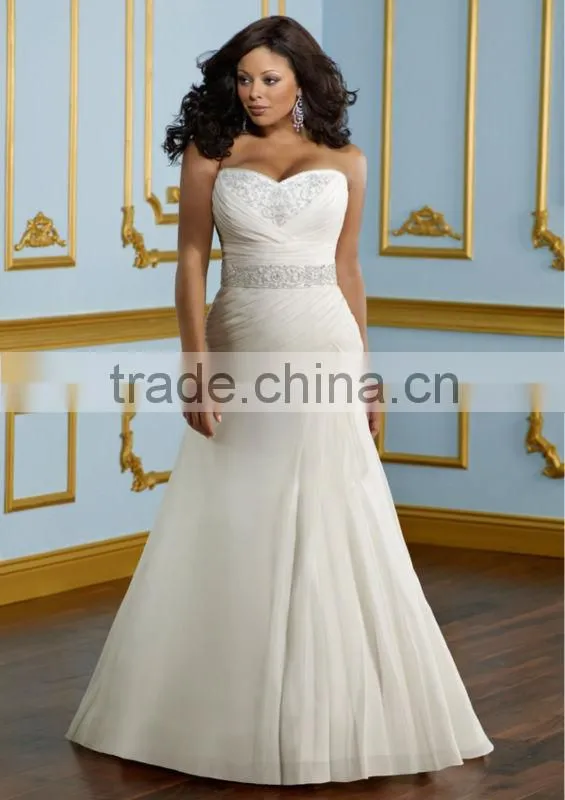 Custom Made Ivory Satin Chiffon Beading Crystal Strapless Mermaid Plus Size Wedding Dress