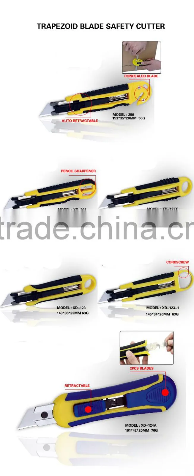 Stationery Cutter Auto Retractable Safety Box Trapezoid blade Plastic with rubber grip handle Cutter