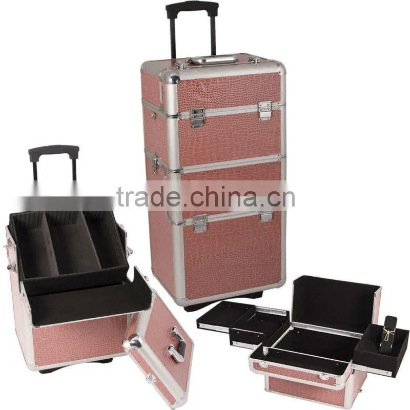 Customized cheap professional silver aluminum cosmetic case with wheels